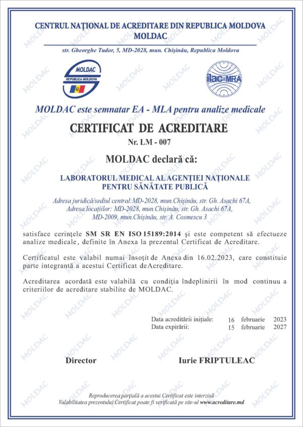 Laboratorul medical al ANSP a obținut acreditarea din partea CNA MOLDAC în conformitate cu ISO 15189:2012