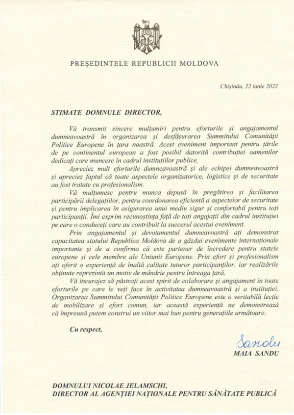 Mesaj de apreciere adresat directorului și echipei ANSP partea Președintelui Republicii Moldova, Maia Sandu
