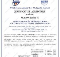 Laboratorul de încercări al ANSP a obținut acreditarea MOLDAC, fiind reconfirmată îndeplinirea cerințelor de acreditare